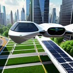 **

A futuristic cityscape with electric vertical takeoff and landing (eVTOL) aircraft (drone taxis) soaring between skyscrapers powered by solar panels. Smart roads with self-driving cars seamlessly navigating, showcasing a blend of green energy and advanced technology for efficient urban mobility. Pedestrians stroll along green spaces, highlighting accessibility and sustainability.

**