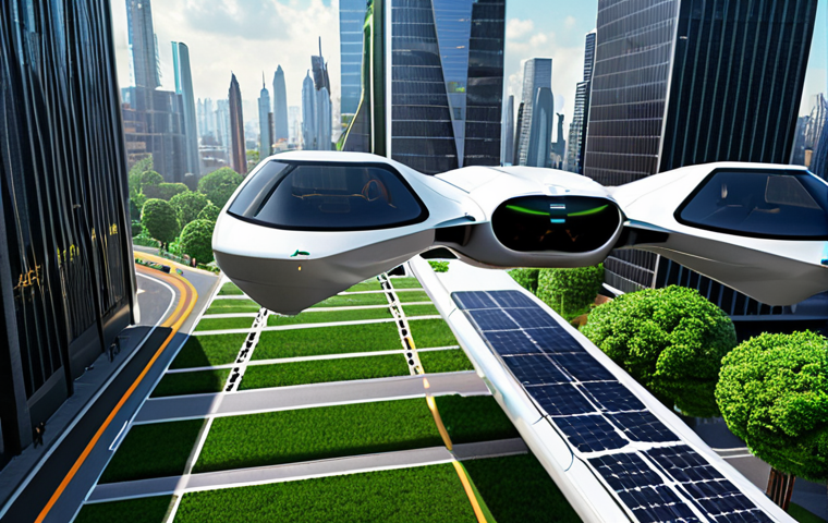 **
A futuristic cityscape with electric vertical takeoff and landing (eVTOL) aircraft (drone taxis) soaring between skyscrapers powered by solar panels. Smart roads with self-driving cars seamlessly navigating, showcasing a blend of green energy and advanced technology for efficient urban mobility. Pedestrians stroll along green spaces, highlighting accessibility and sustainability.
**