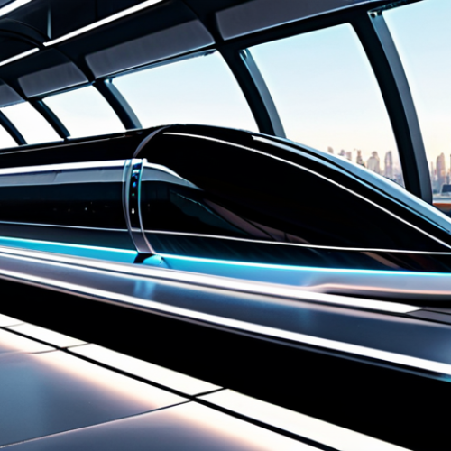 A stunning, ultra-modern Hyperloop capsule, sleek and aerodynamic, illuminated by soft, futuristic glow, moving silently through a crystal-clear vacuum tube. The background shows an expansive, clean, high-tech station interior with subtle control panels and distant, brightly lit future cityscape visible through the transparent tube. Professional concept art, high resolution, perfect rendering, sharp focus, clean composition, safe for work, appropriate content, professional, family-friendly.