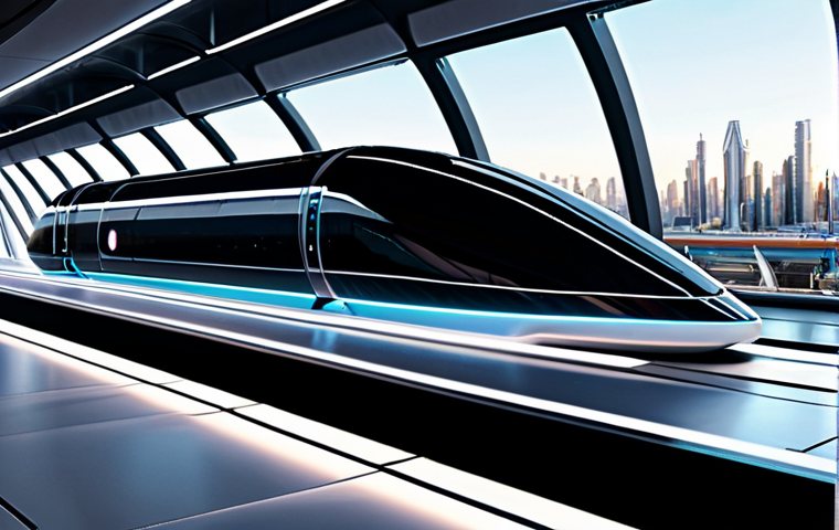 A stunning, ultra-modern Hyperloop capsule, sleek and aerodynamic, illuminated by soft, futuristic glow, moving silently through a crystal-clear vacuum tube. The background shows an expansive, clean, high-tech station interior with subtle control panels and distant, brightly lit future cityscape visible through the transparent tube. Professional concept art, high resolution, perfect rendering, sharp focus, clean composition, safe for work, appropriate content, professional, family-friendly.